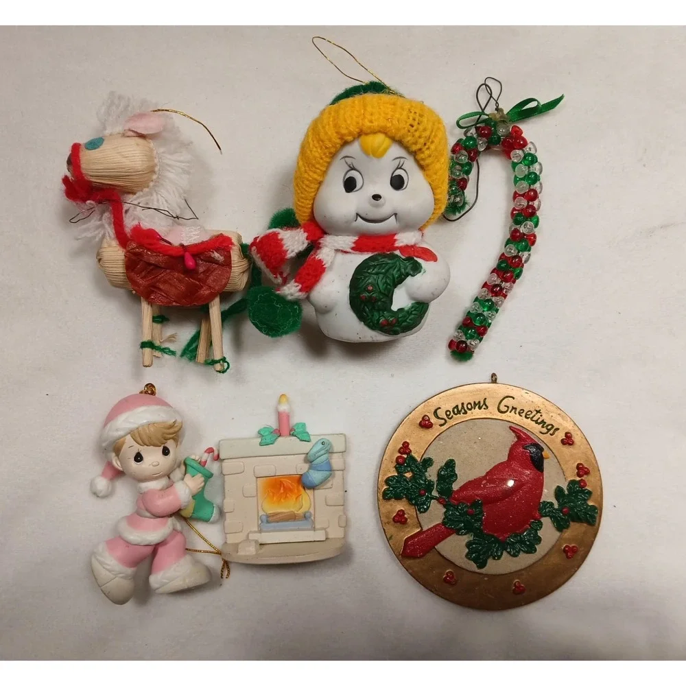 Lot of 5 Vintage Christmas Ornaments Snow Man Bell Figures Mixed Material‎